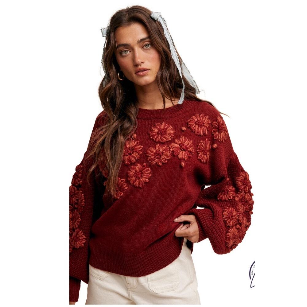 Listicle Red Floral Applique Knit Sweater Statement Pullover Size L